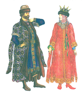 Слева: Княжеский костюм, узорчатая шуба, рубаха, украшенная каймой. Справа: Костюм царицы, верхняя одежда с двойными рукавами, византийский воротник.