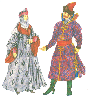 Слева: Опашень, подбитый мехом, шапка с атласным околышем, жемчужные поднизи поверх покрывала. Справа: Парчовый кафтан с воротником-козырем, сафьяновые сапоги.